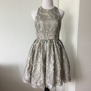 Bebe Floral Embroidered Lace Dress in Silver